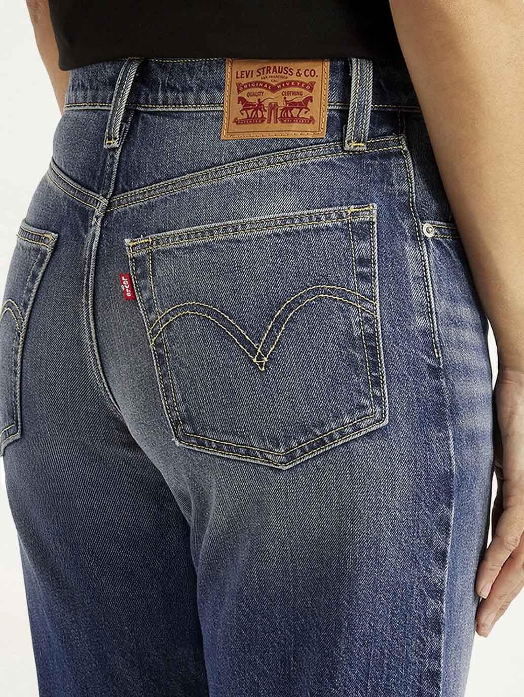 Women's Tinted Dark Indigo Loose Bootcut Fit Mid Rise Jeans - Detail View