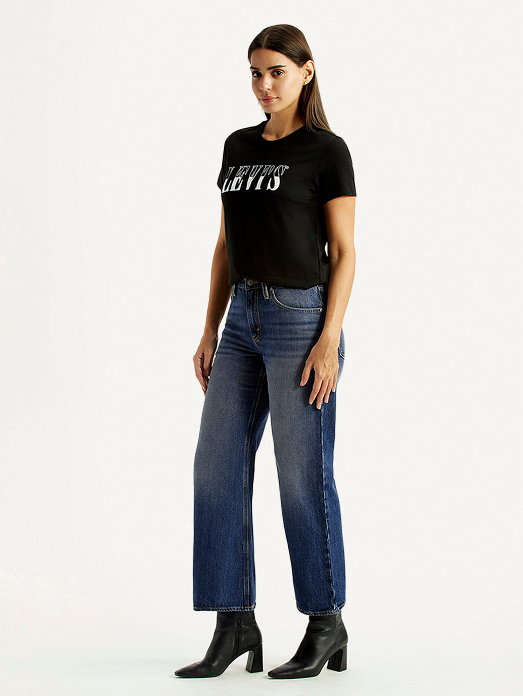 Women's Tinted Dark Indigo Loose Bootcut Fit Mid Rise Jeans - Side View