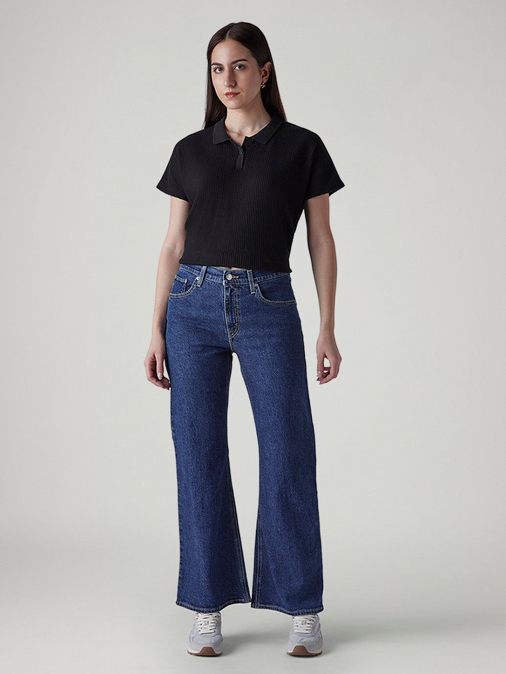 Women's Med Indigo Loose Bootcut Fit Mid Rise Jeans - Front View