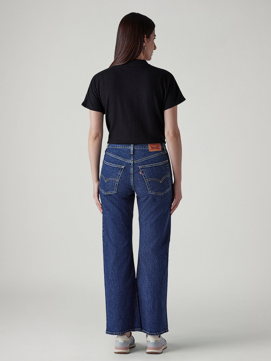 Women's Med Indigo Loose Bootcut Fit Mid Rise Jeans - Back View