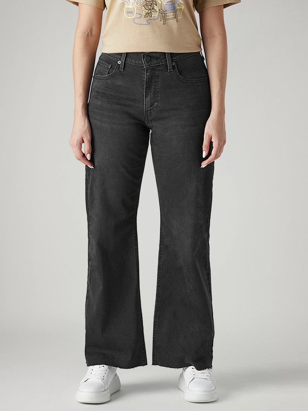 Women's Black Loose Bootcut Fit Mid Rise Jeans - Front View