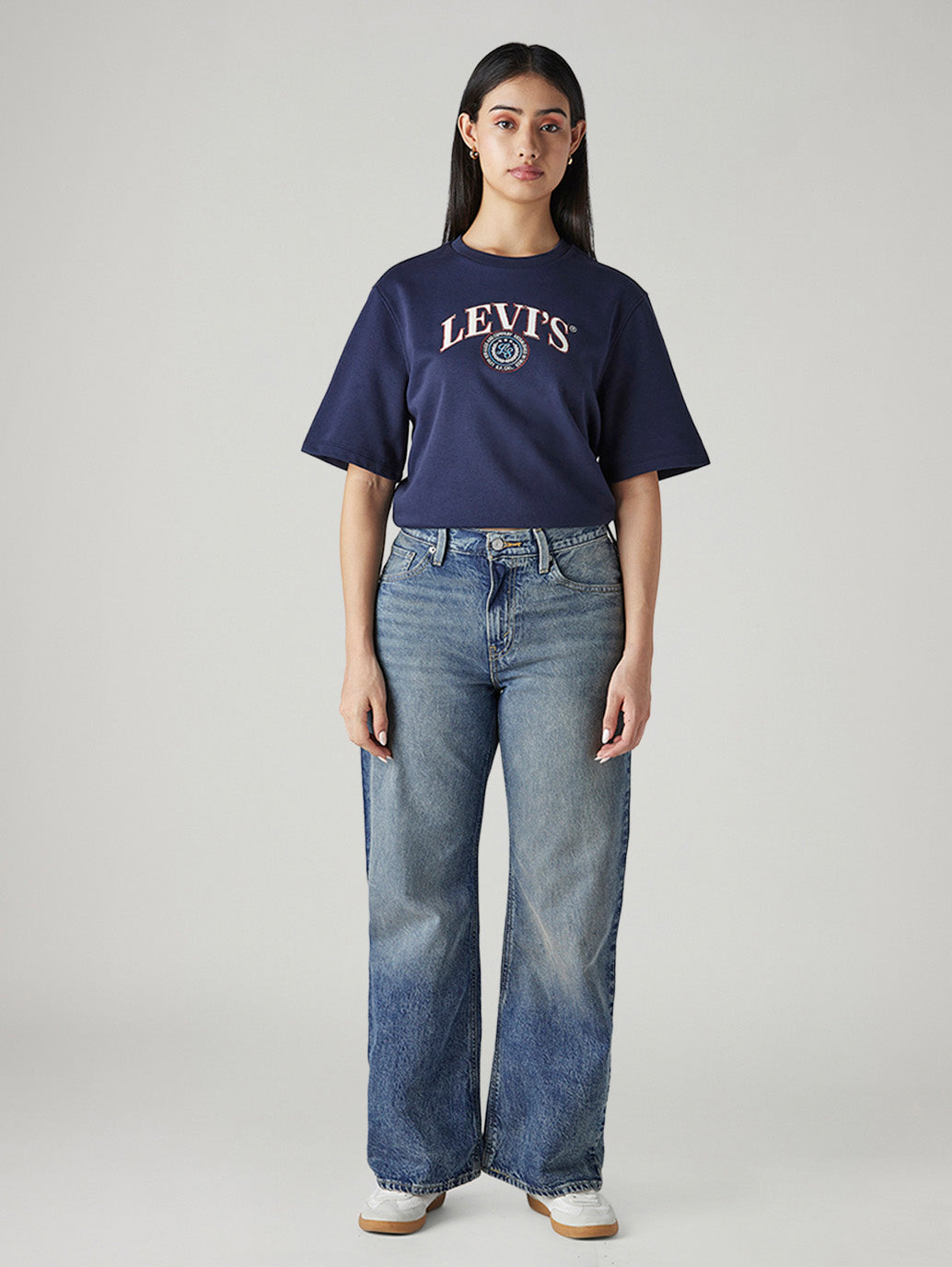 Women's Blue Loose Bootcut Fit Mid Rise Jeans - Front View