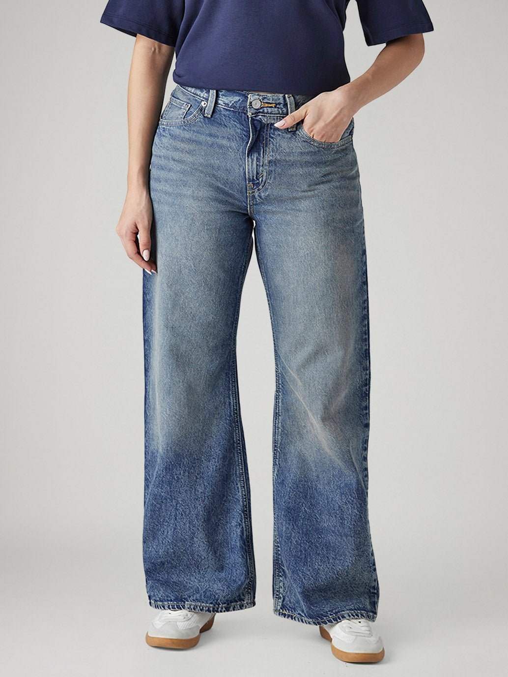 Women's Blue Loose Bootcut Fit Mid Rise Jeans - Front View