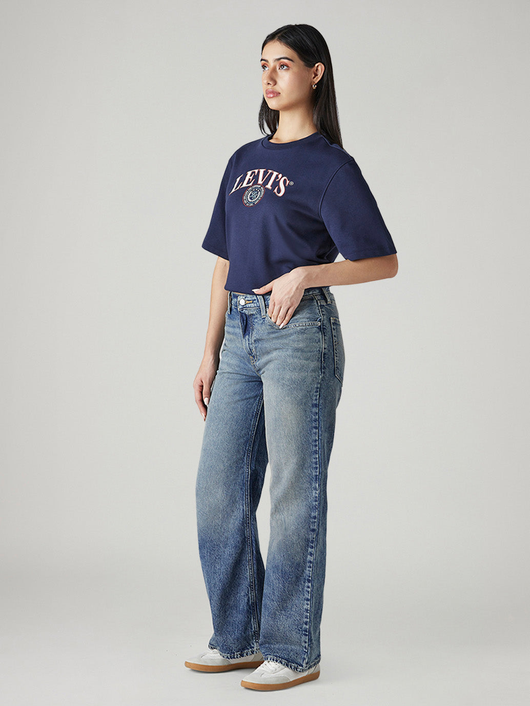 Women's Blue Loose Bootcut Fit Mid Rise Jeans - Side View