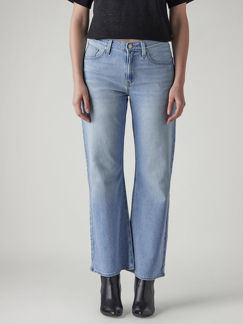 Women's Light Indigo Loose Bootcut Fit Mid Rise Jeans - Front View