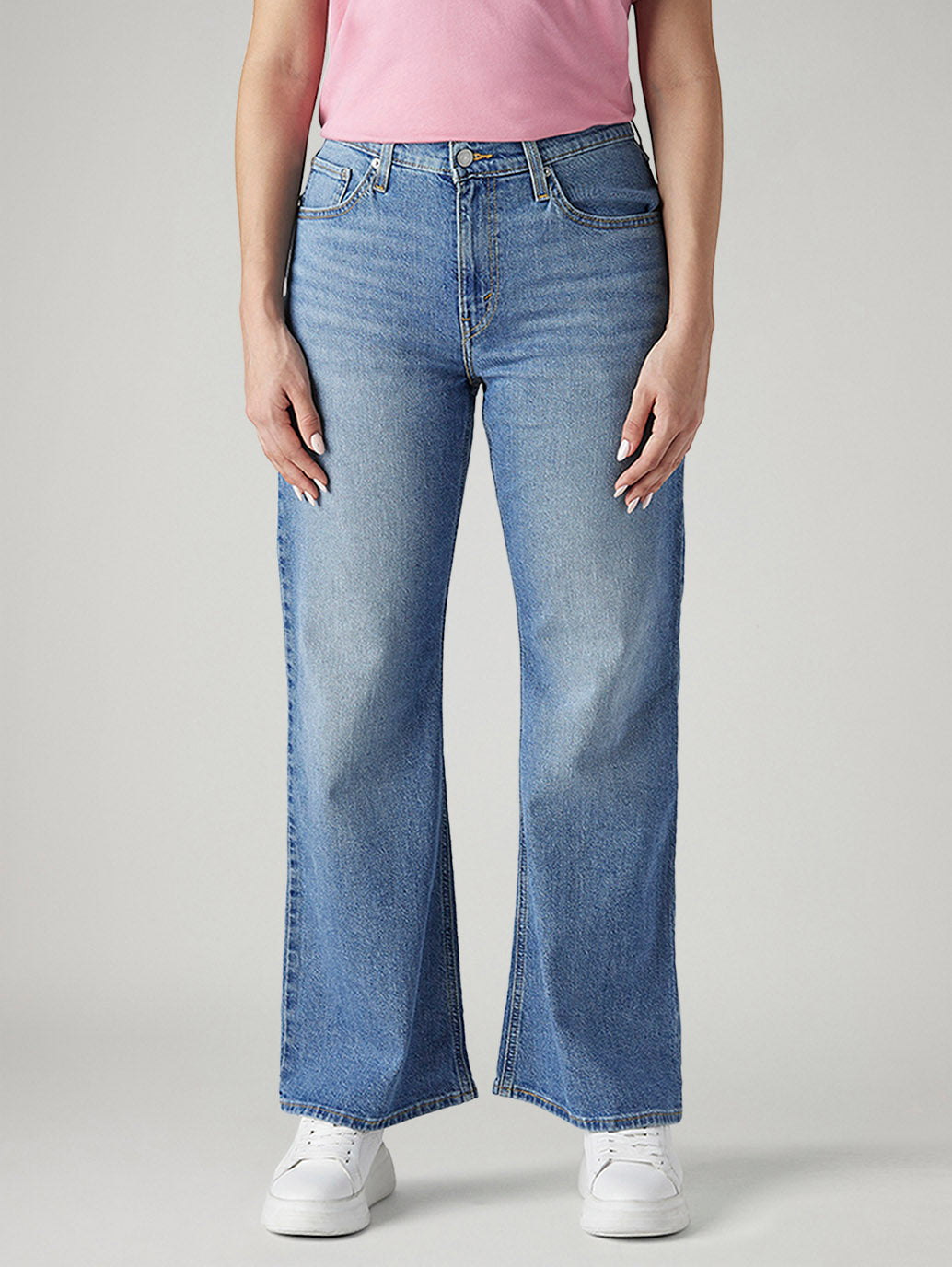 Women's Light Blue Loose Bootcut Fit Mid Rise Jeans - Front View