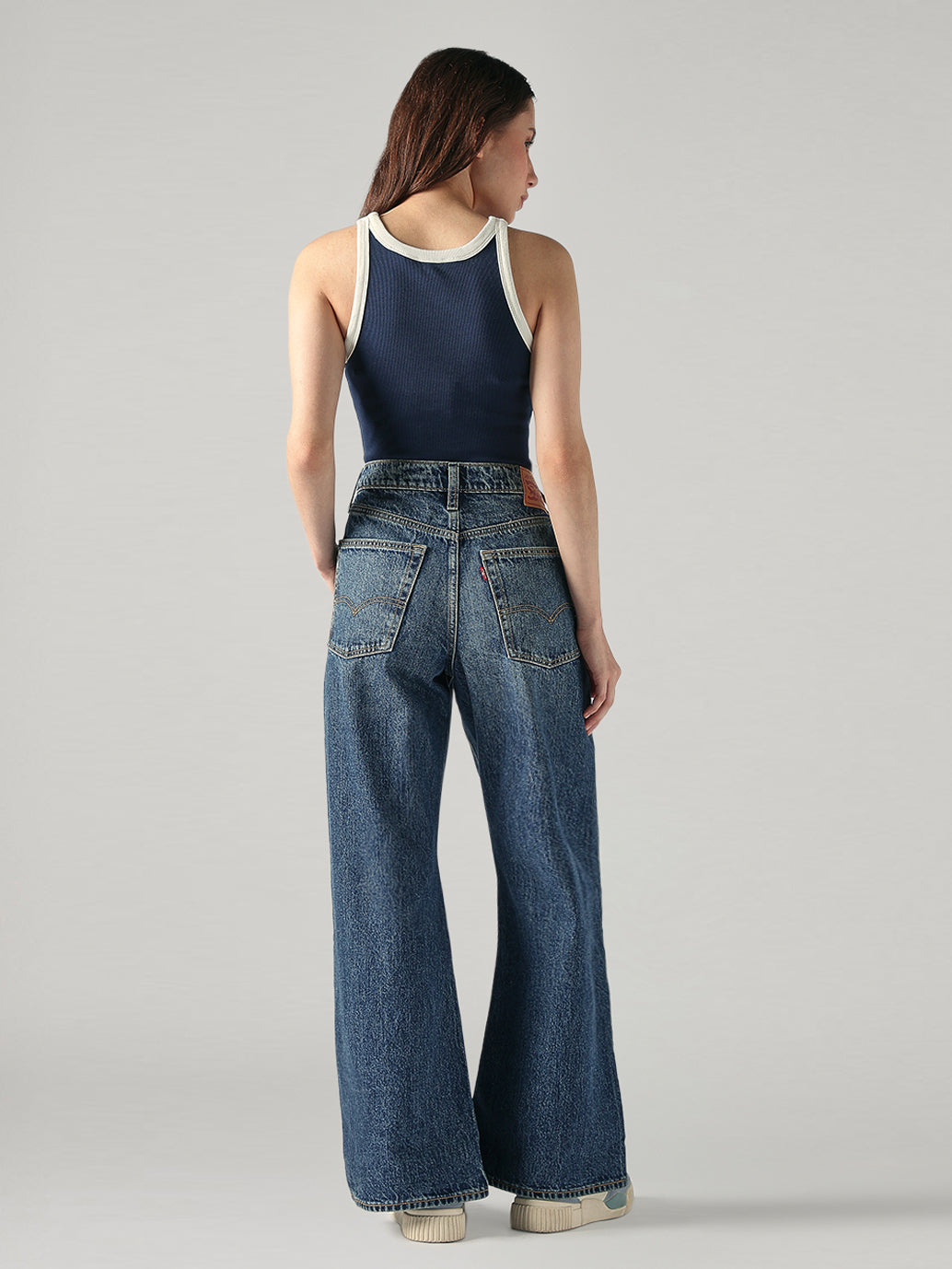 Women's Blue Loose Bootcut Fit Mid Rise Jeans - Back View