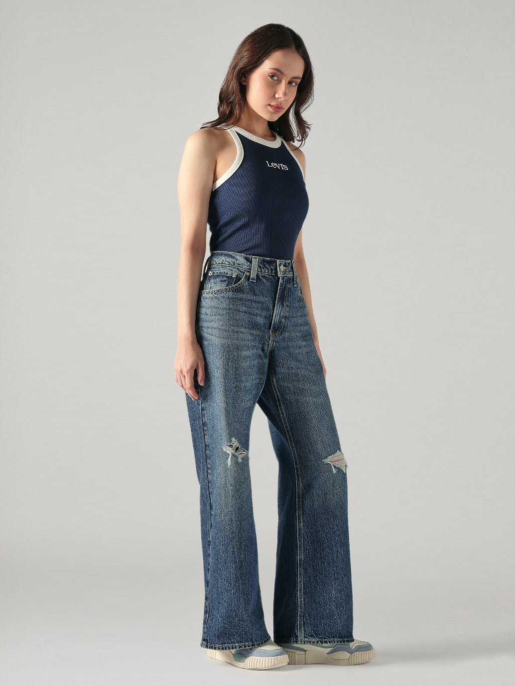 Women's Blue Loose Bootcut Fit Mid Rise Jeans - Side View