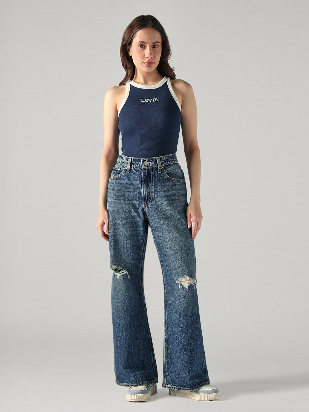 Women's Blue Loose Bootcut Fit Mid Rise Jeans - Fullshot View