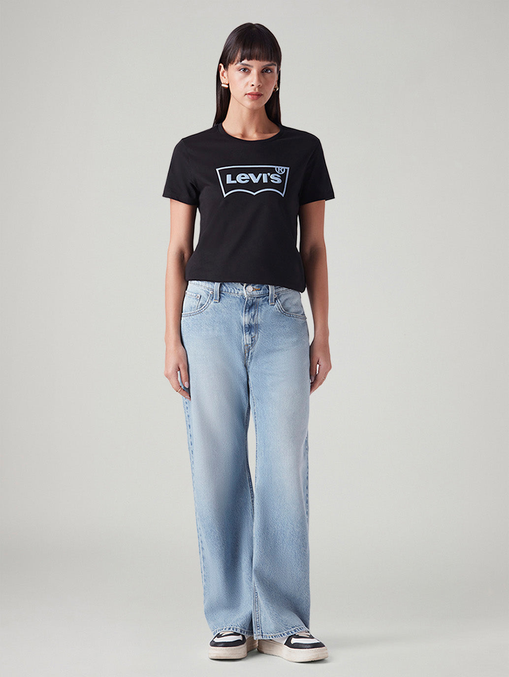 Women's Light Blue Loose Bootcut Fit High Rise Jeans - Front View