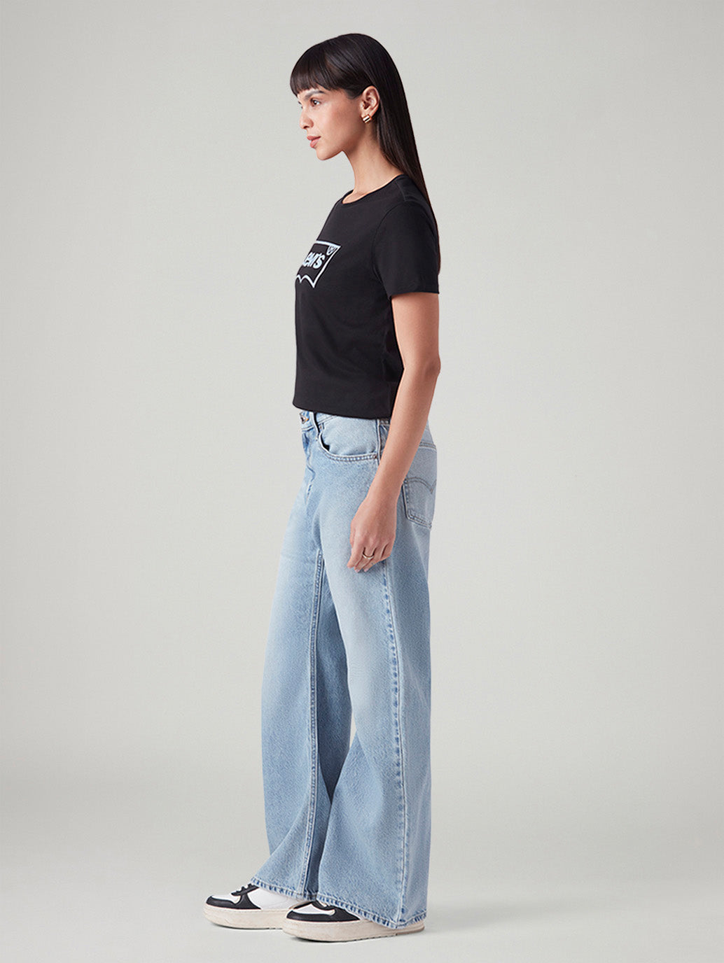Women's Light Blue Loose Bootcut Fit High Rise Jeans - Side View
