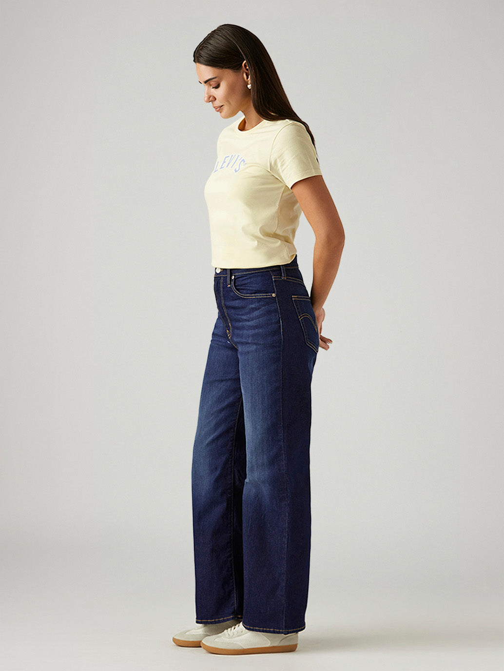 Women's Dark Indigo Ribcage Wide Leg Fit High Rise Jeans - Side View