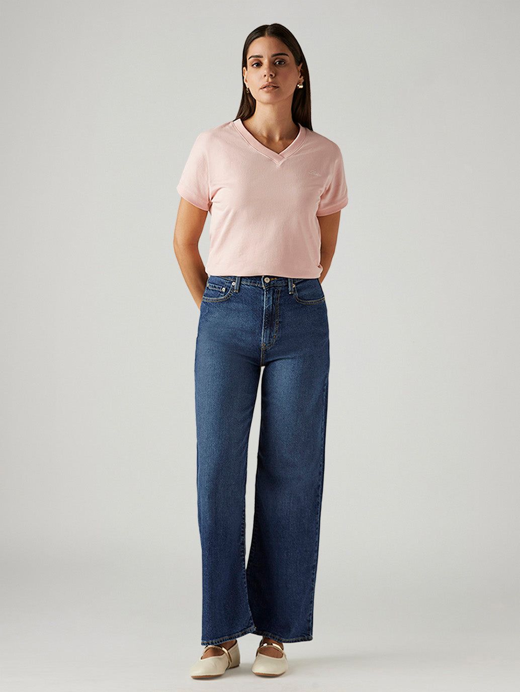 Women's Blue Ribcage Wide Leg Fit High Rise Jeans - Front View