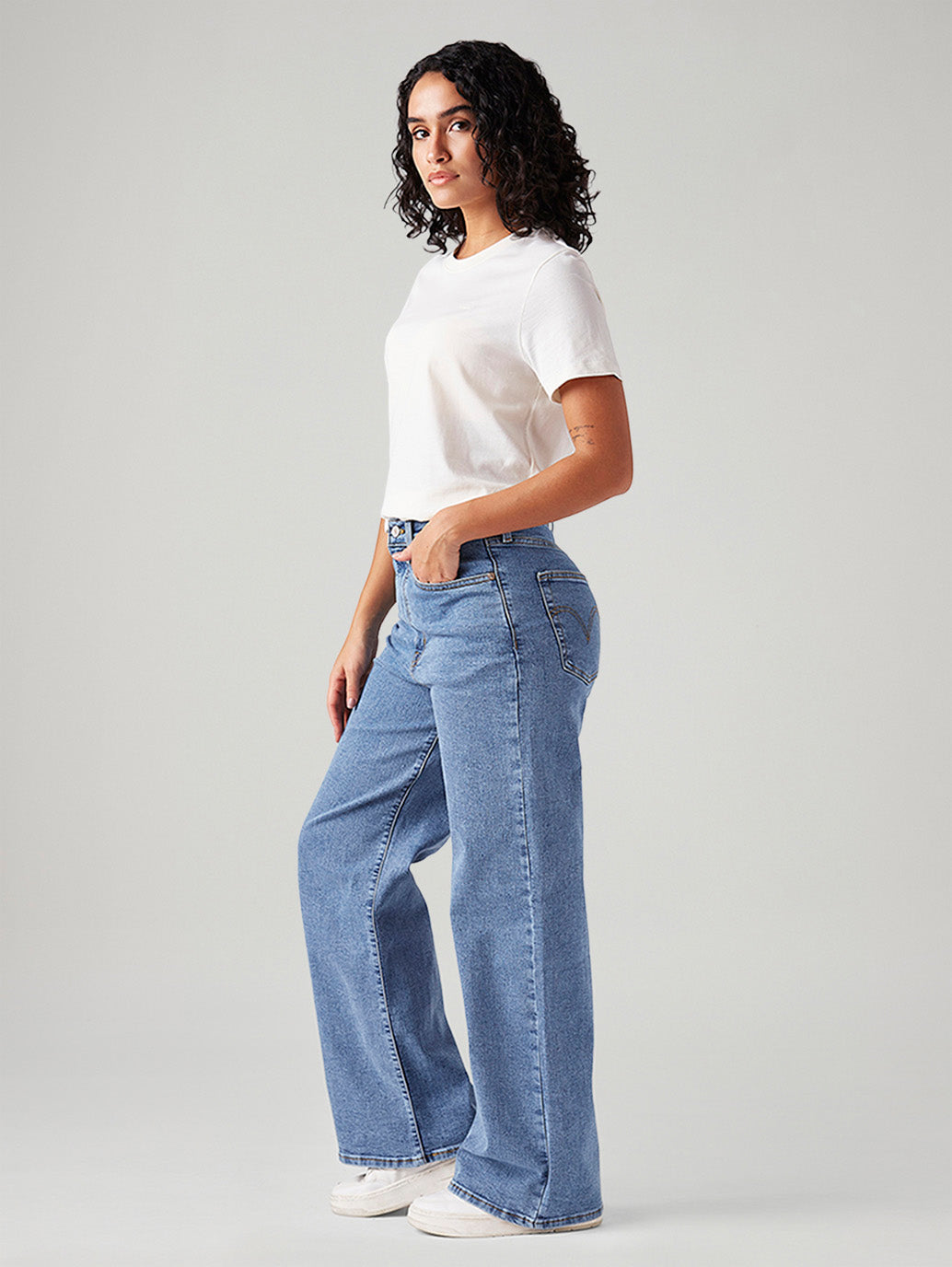 Women's Blue Ribcage Wide Leg Fit High Rise Jeans - Side View