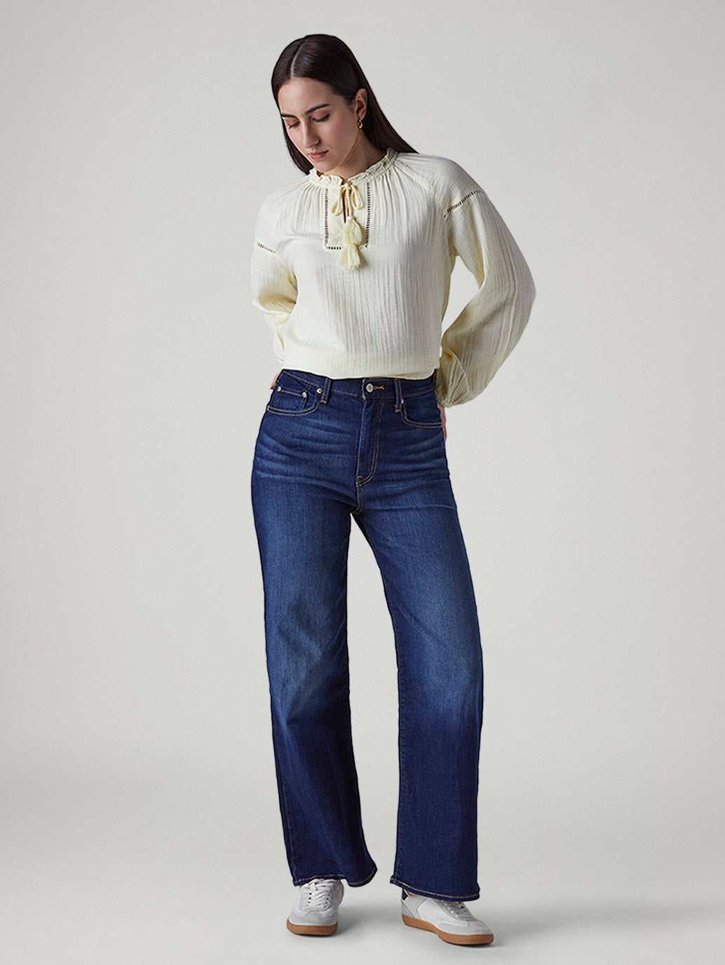 Women's Dark Indigo Ribcage Wide Leg Fit High Rise Jeans - Front View
