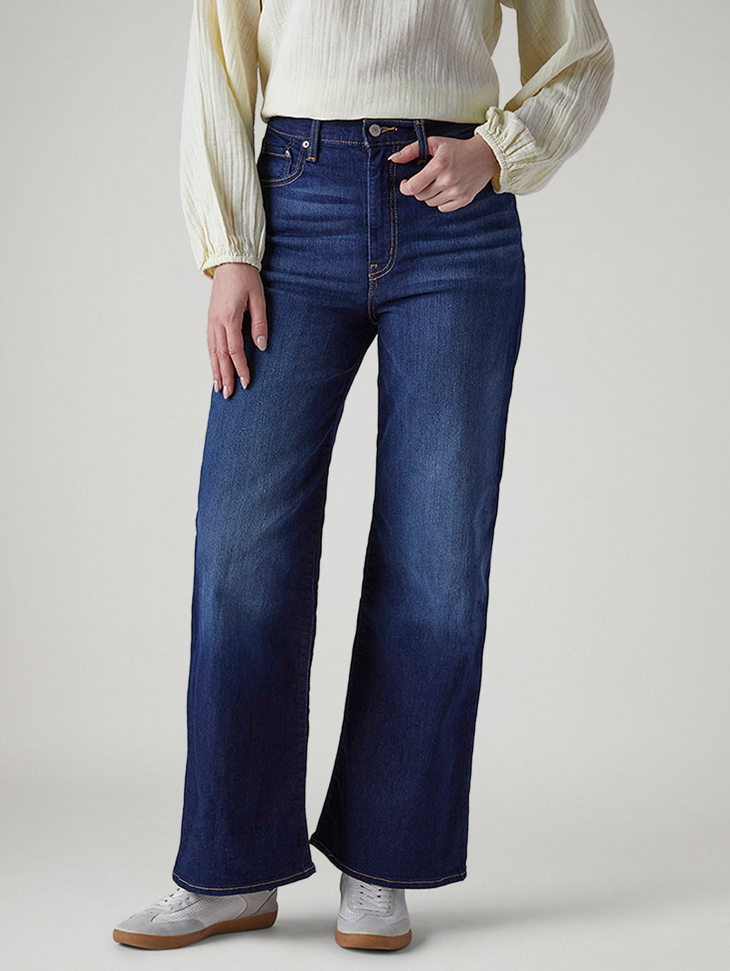 Women's Dark Indigo Ribcage Wide Leg Fit High Rise Jeans - Front View
