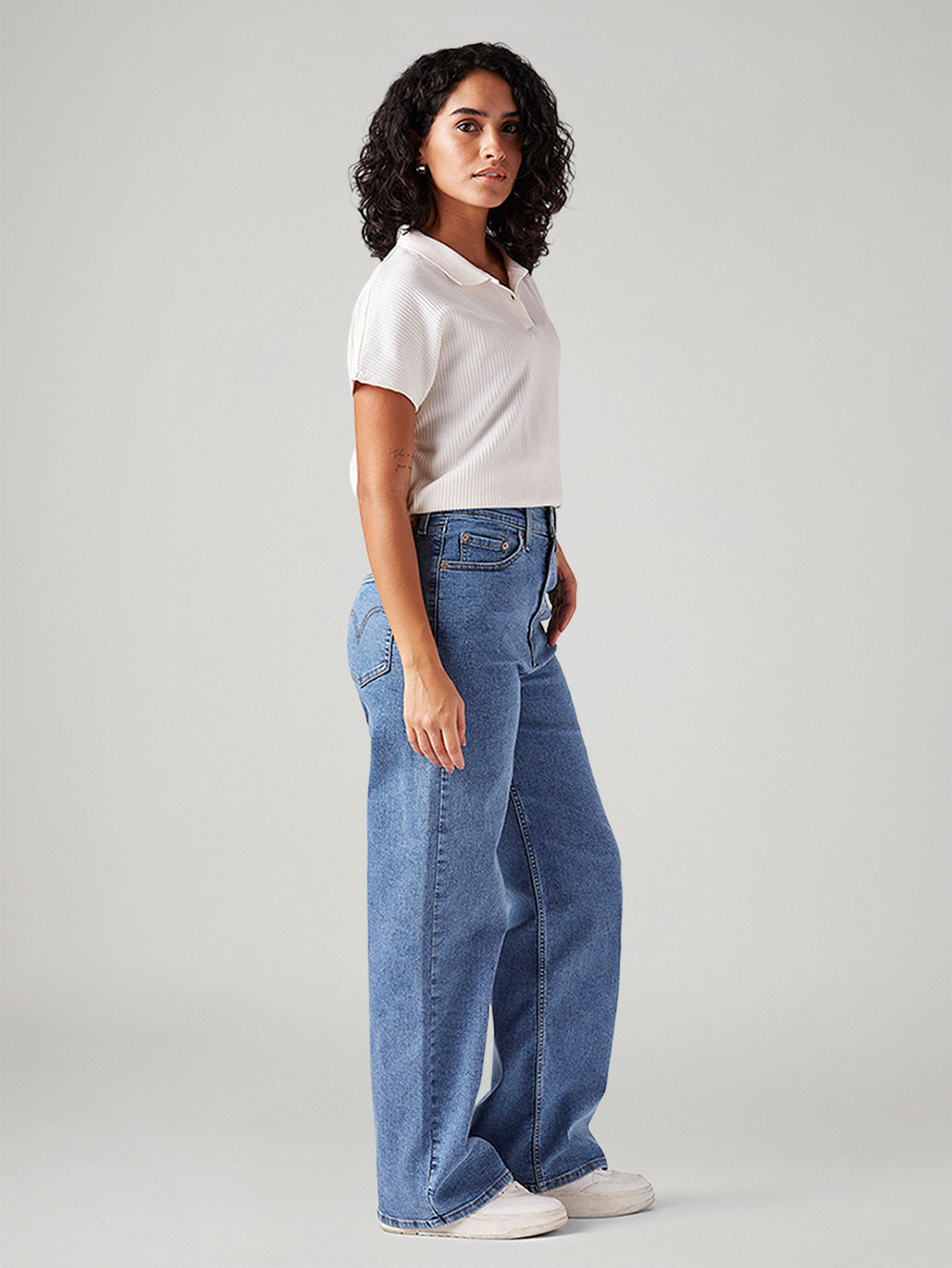 Women's Blue Loose Fit High Rise Jeans - Side View