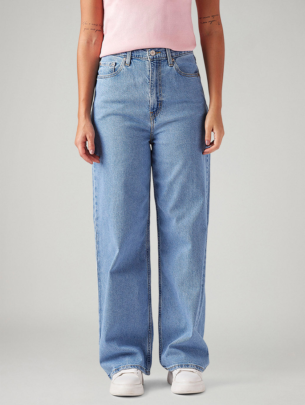 Women's Light Blue Loose Fit High Rise Jeans - Front View