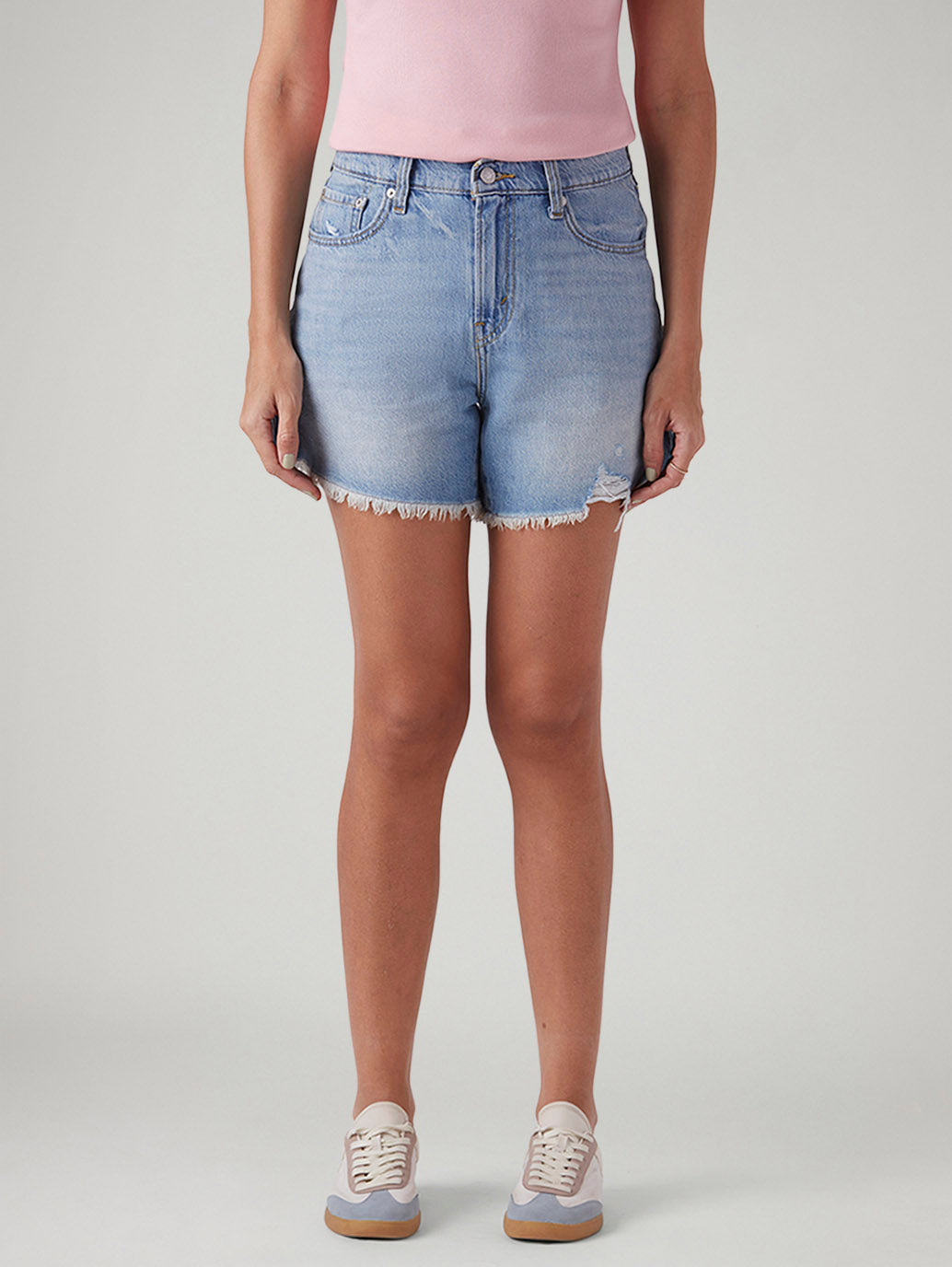 Women's Light Blue Ribcage Fit High Rise Shorts - Front View