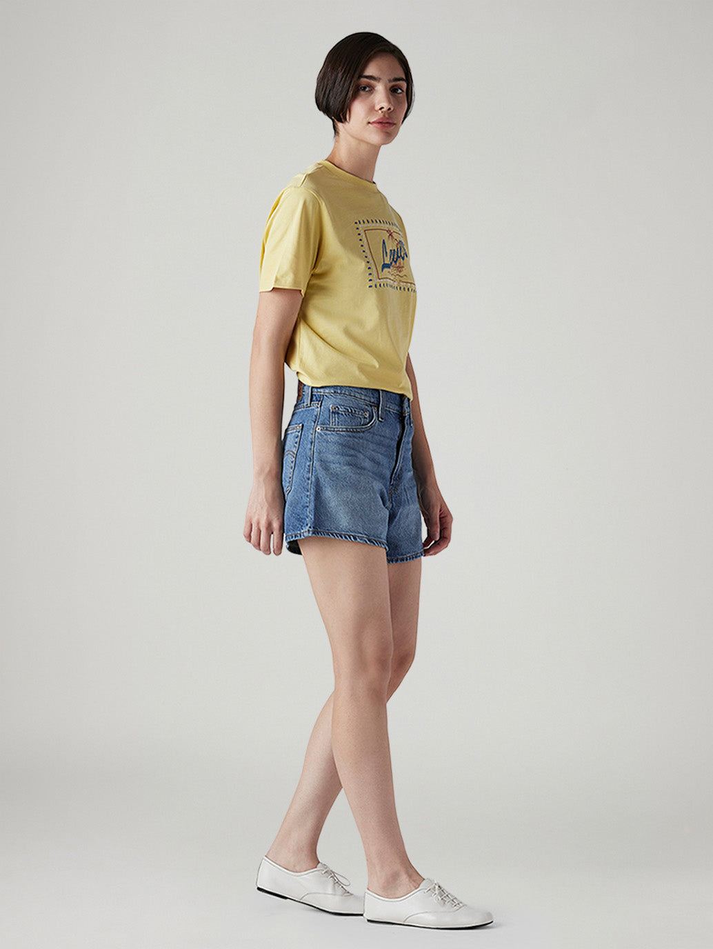 Women's Blue Ribcage Fit High Rise Shorts - Side View