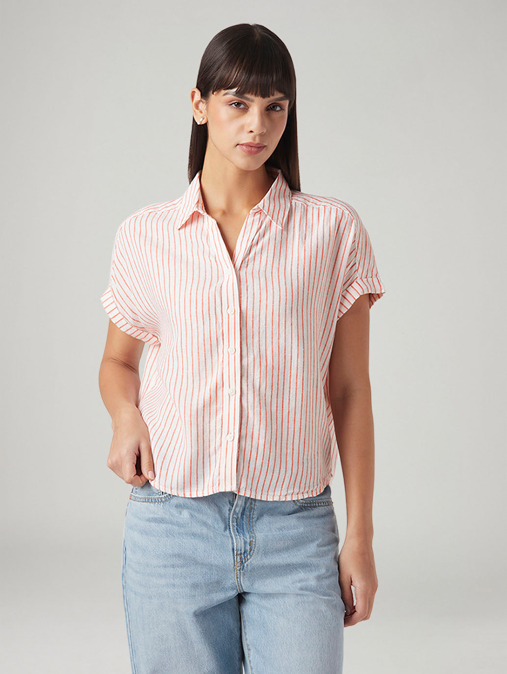 Women's Striped Regular Fit Linen Shirt - Front View