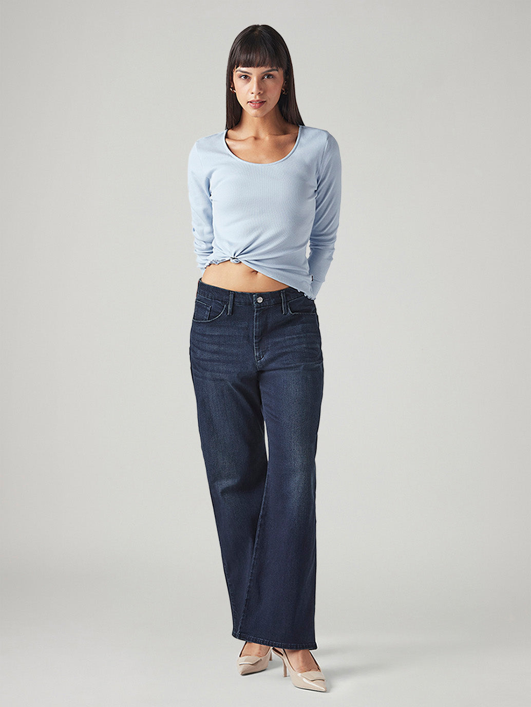 Women's Dark Blue Loose Bootcut Fit Mid Rise Redloop Jeans - Styleshot View