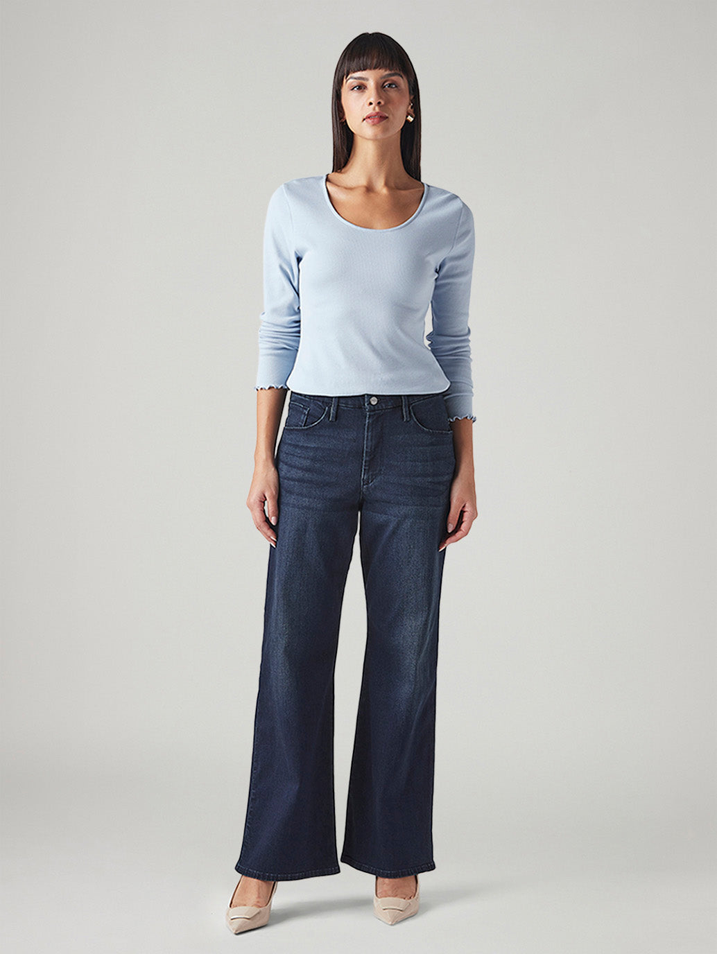 Women's Dark Blue Loose Bootcut Fit Mid Rise Redloop Jeans - Front View