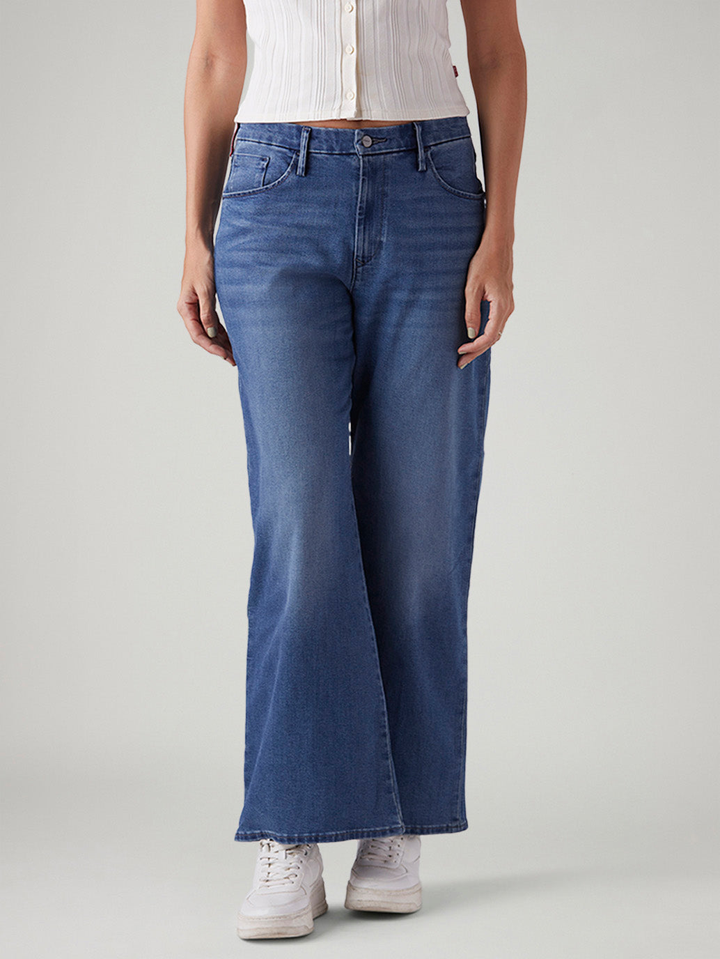 Women's Blue Loose Bootcut Fit Mid Rise Redloop Jeans - Front View