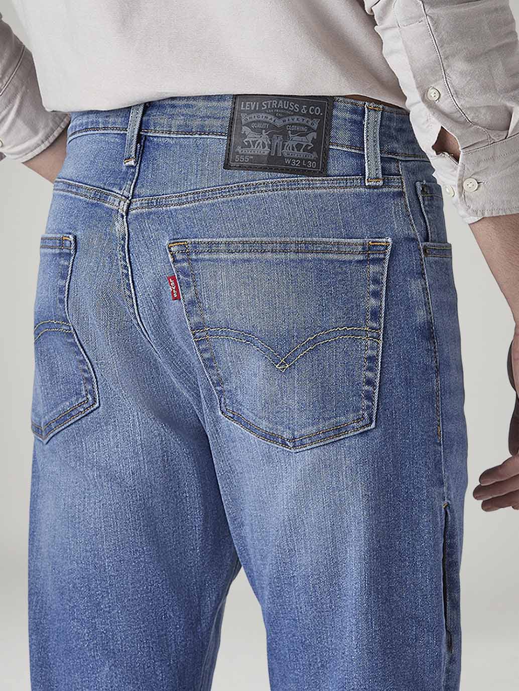 Men's 555 Light Blue Relaxed Straight Fit Mid Rise Commuter Jeans - Detail View