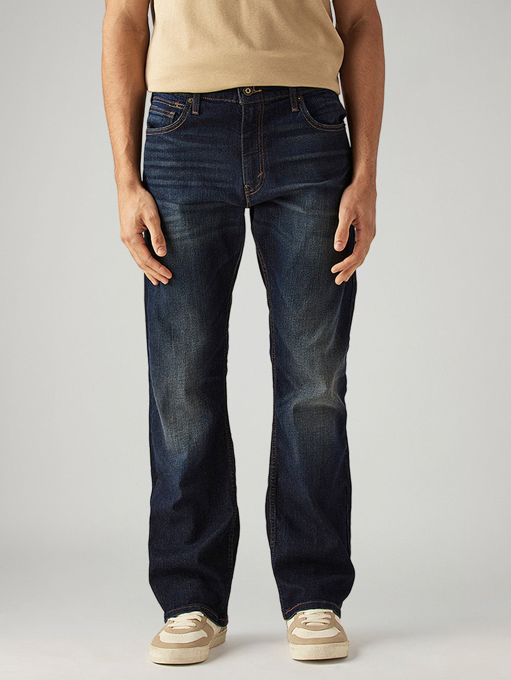 Men's 517 Dark Blue Bootcut Fit Mid Rise Hyper Stretch Jeans - Front View
