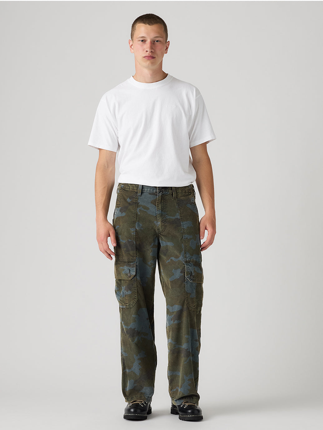 Men's Olive Extra Baggy Fit Mid Rise Cargos - Font View