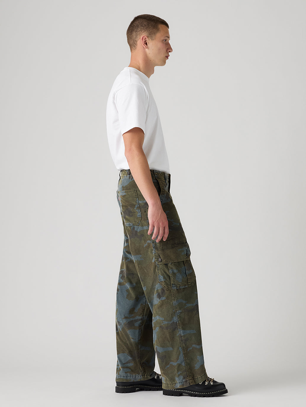 Men's Olive Extra Baggy Fit Mid Rise Cargos - Side View
