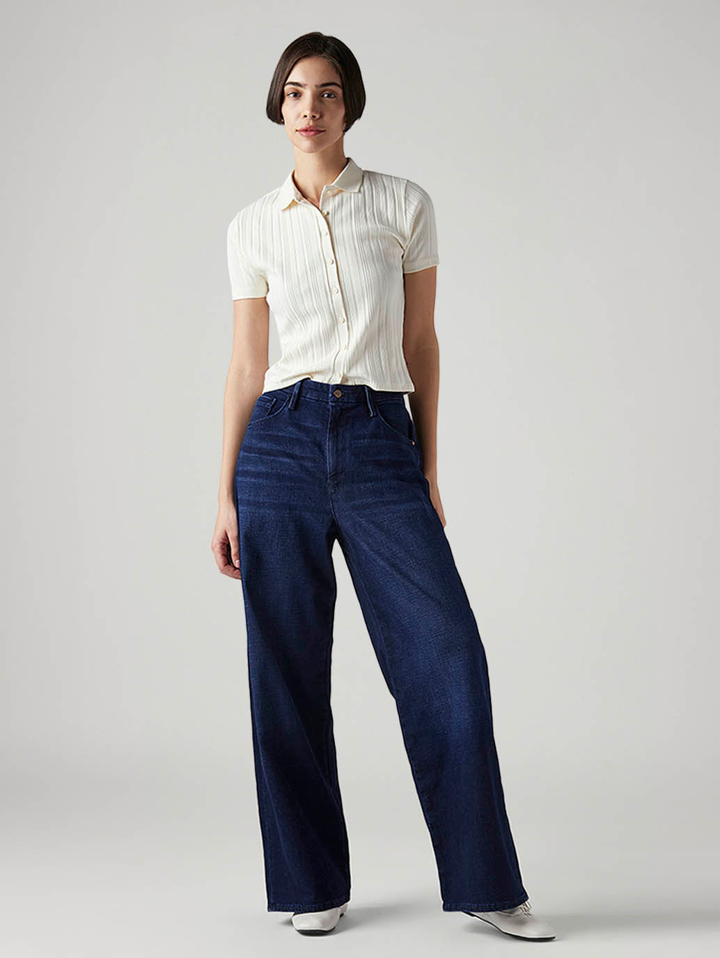 Women's Dark Blue Ribcage Wide Leg Fit High Rise Redloop Jeans