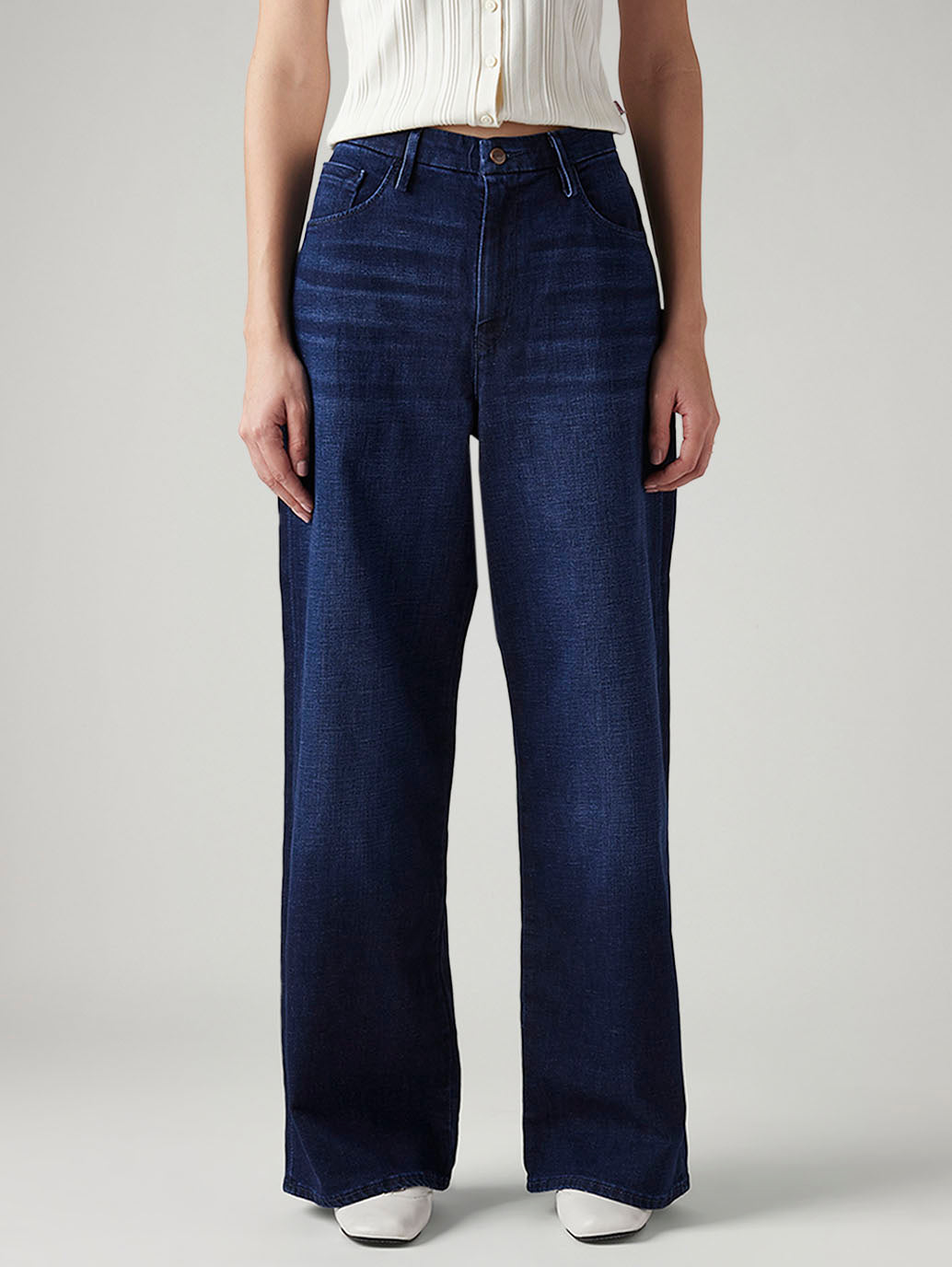 Women's Dark Blue Ribcage Wide Leg Fit High Rise Redloop Jeans - Front View