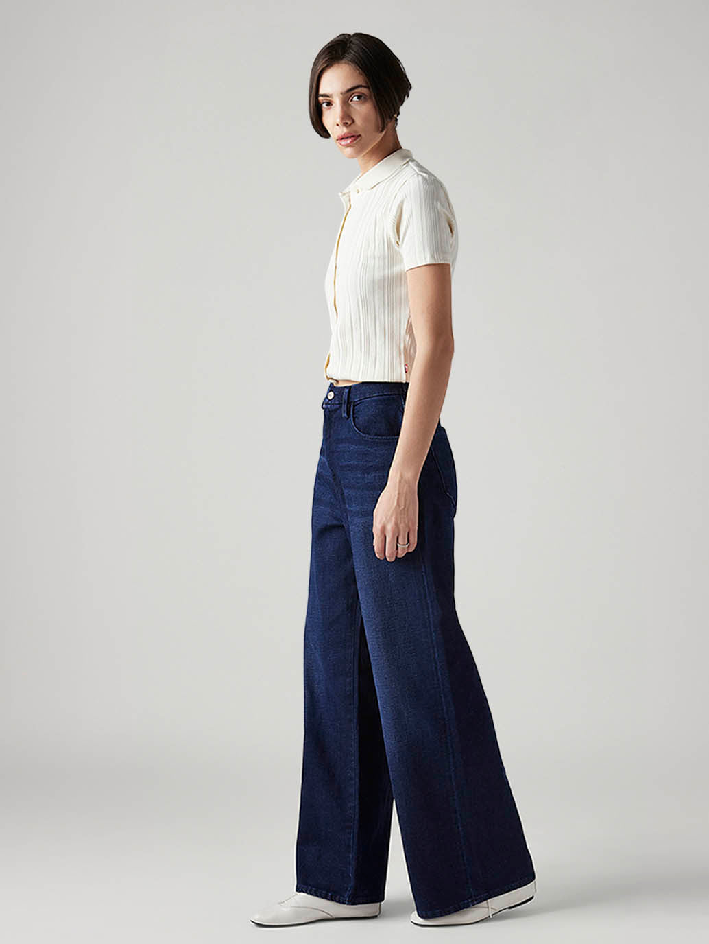 Women's Dark Blue Ribcage Wide Leg Fit High Rise Redloop Jeans - Side View