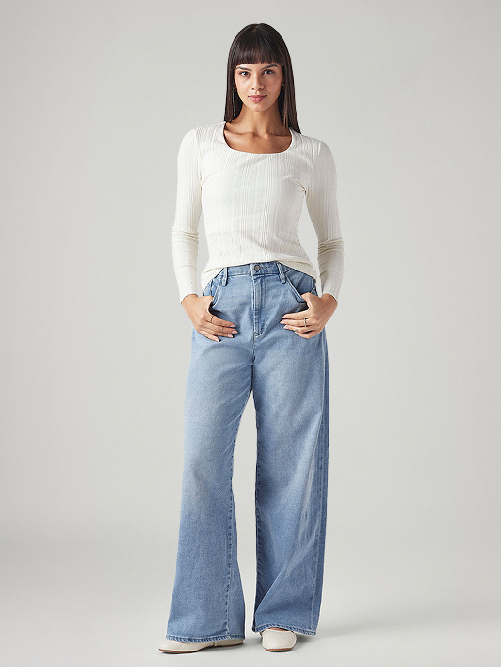 Women's Light Blue Ribcage Wide Leg Fit High Rise Redloop Jeans