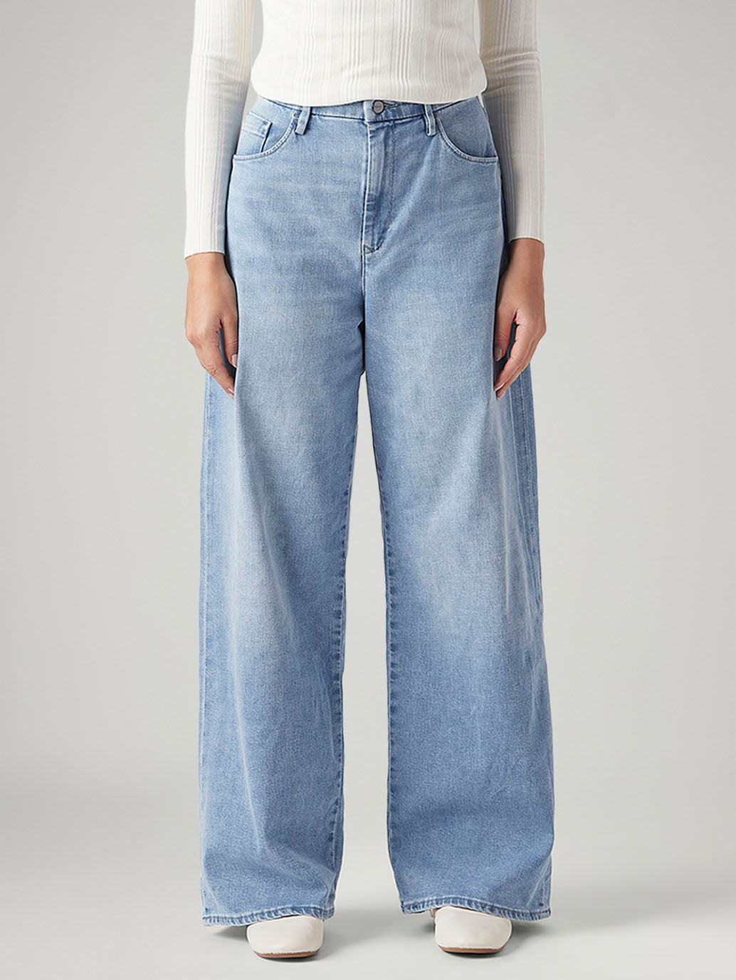 Women's Light Blue Ribcage Wide Leg Fit High Rise Redloop Jeans - Front View