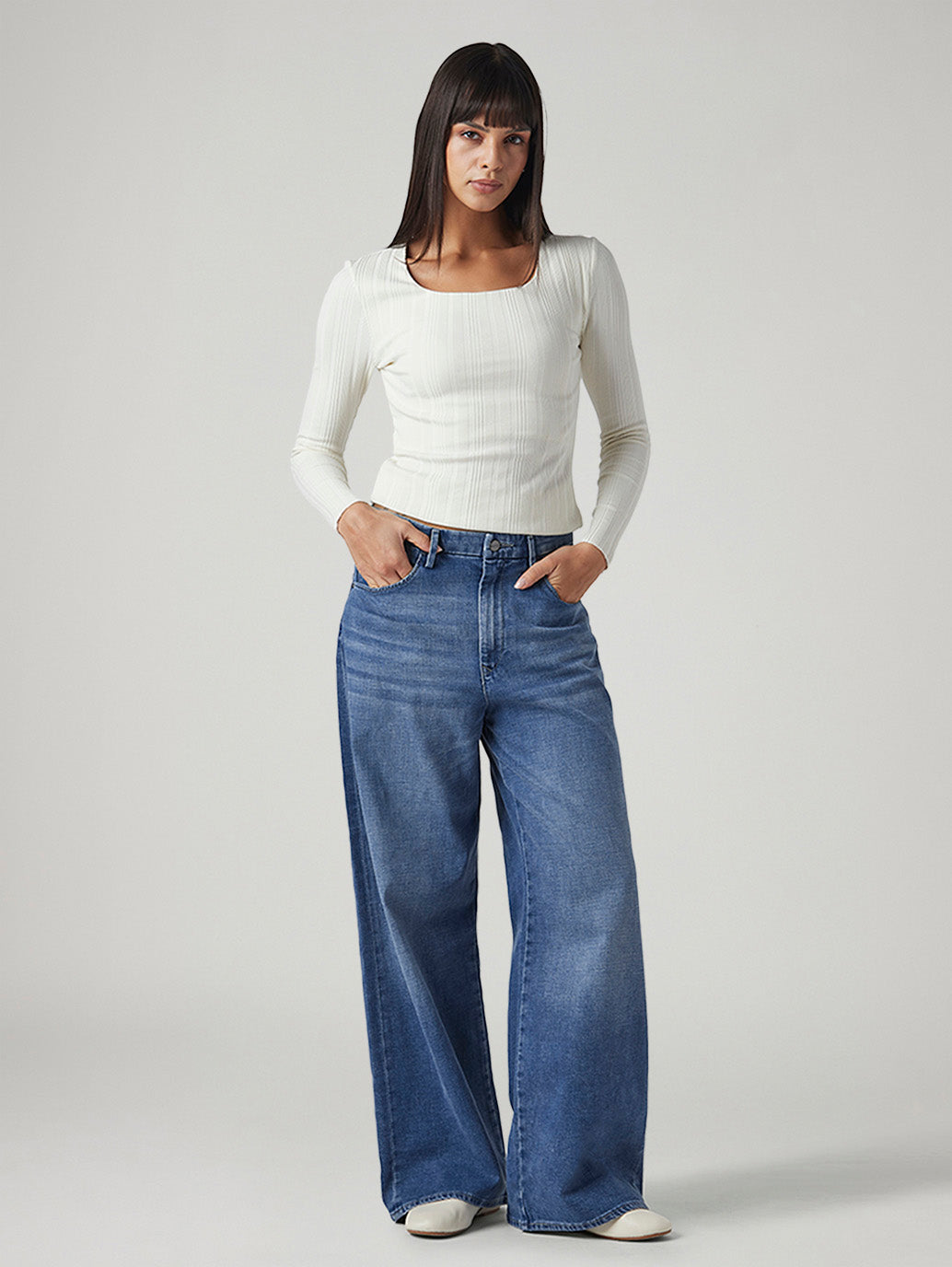 Women's Blue Ribcage Wide Leg Fit High Rise Redloop Jeans - Front View