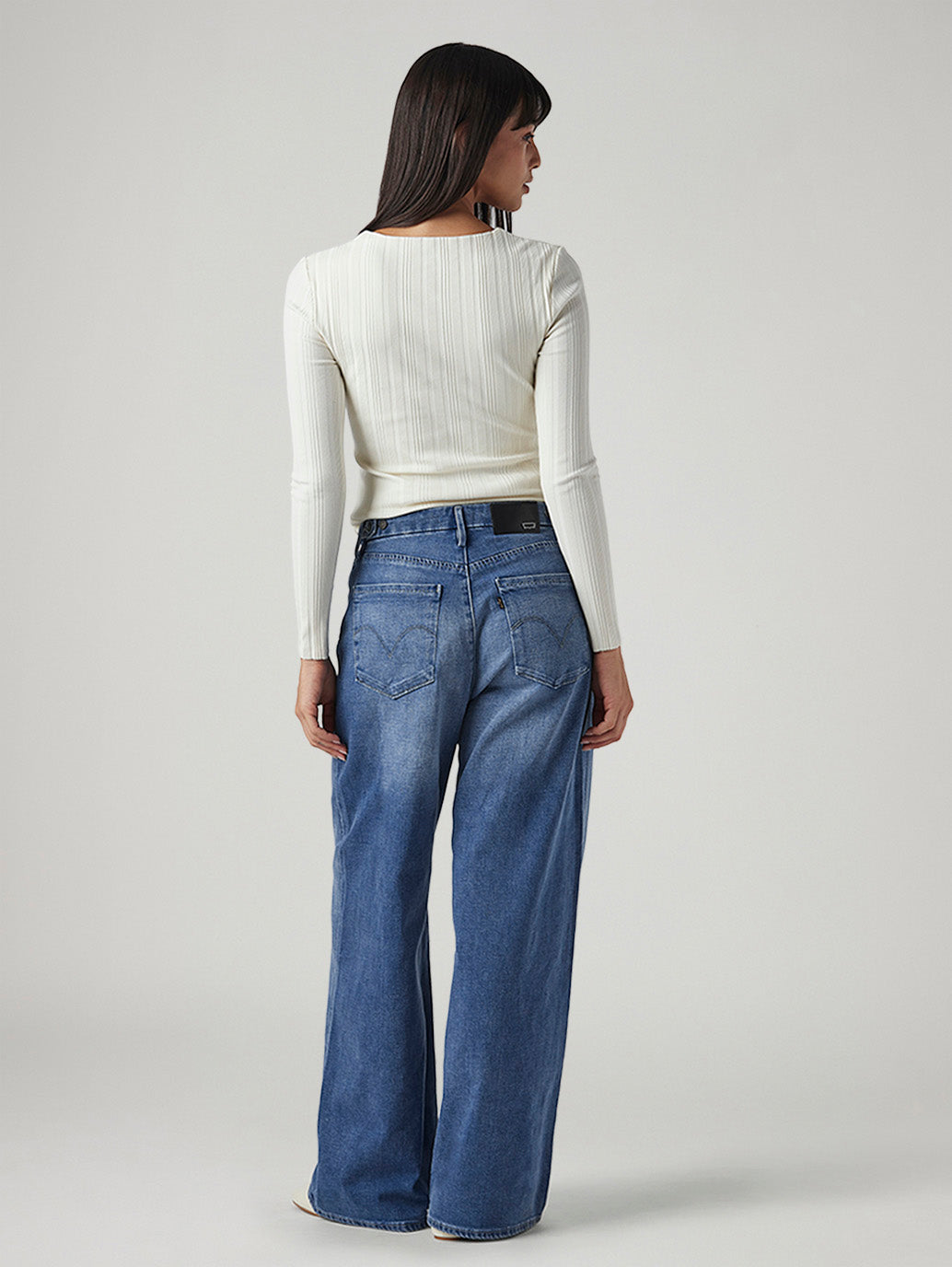 Women's Blue Ribcage Wide Leg Fit High Rise Redloop Jeans - Back View