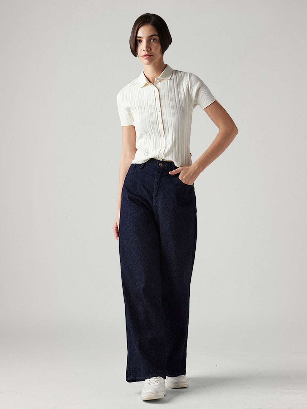 Women's Dark Blue Ribcage Wide Leg Fit High Rise Redloop Jeans