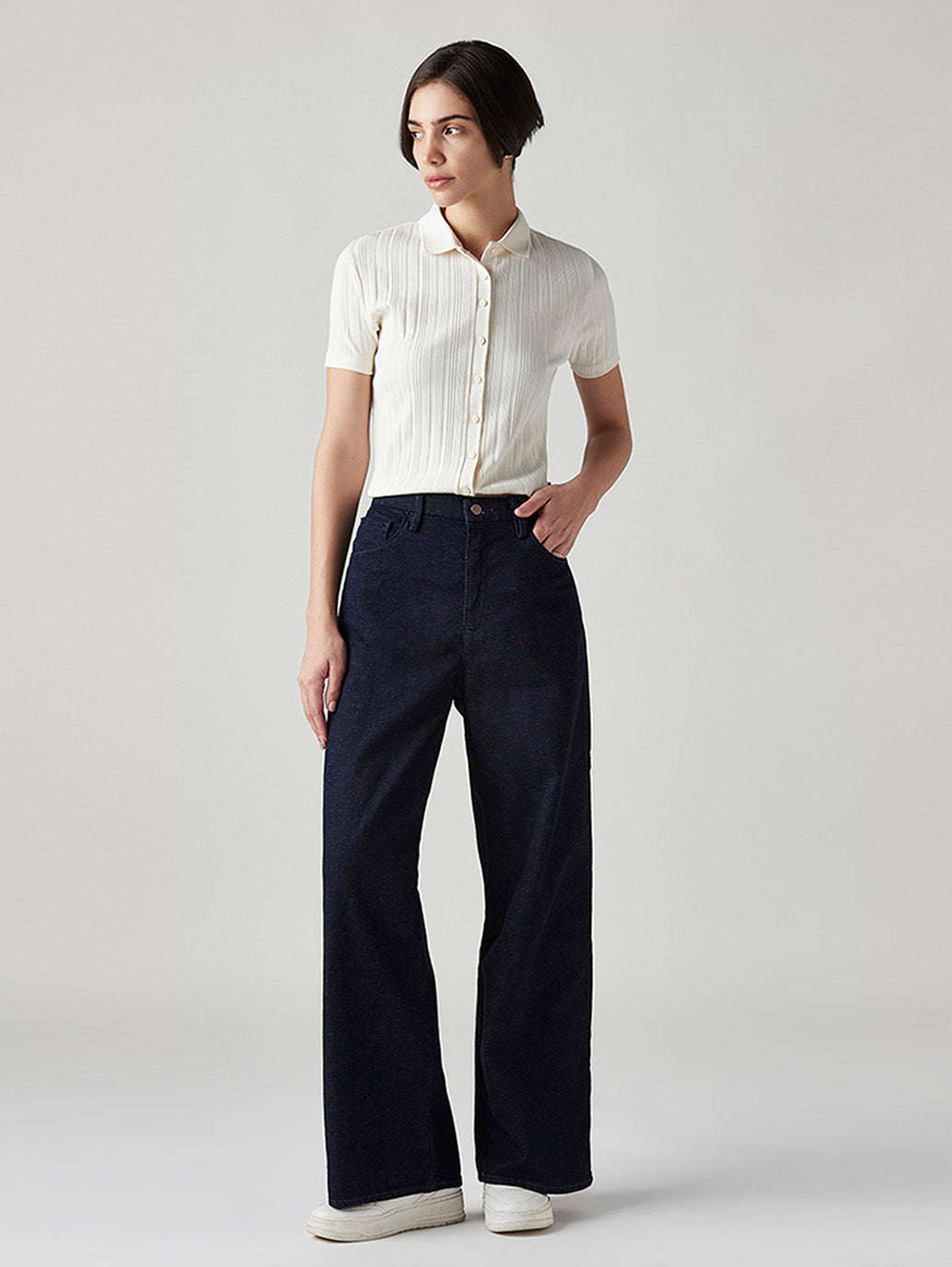 Women's Dark Blue Ribcage Wide Leg Fit High Rise Redloop Jeans - Front View