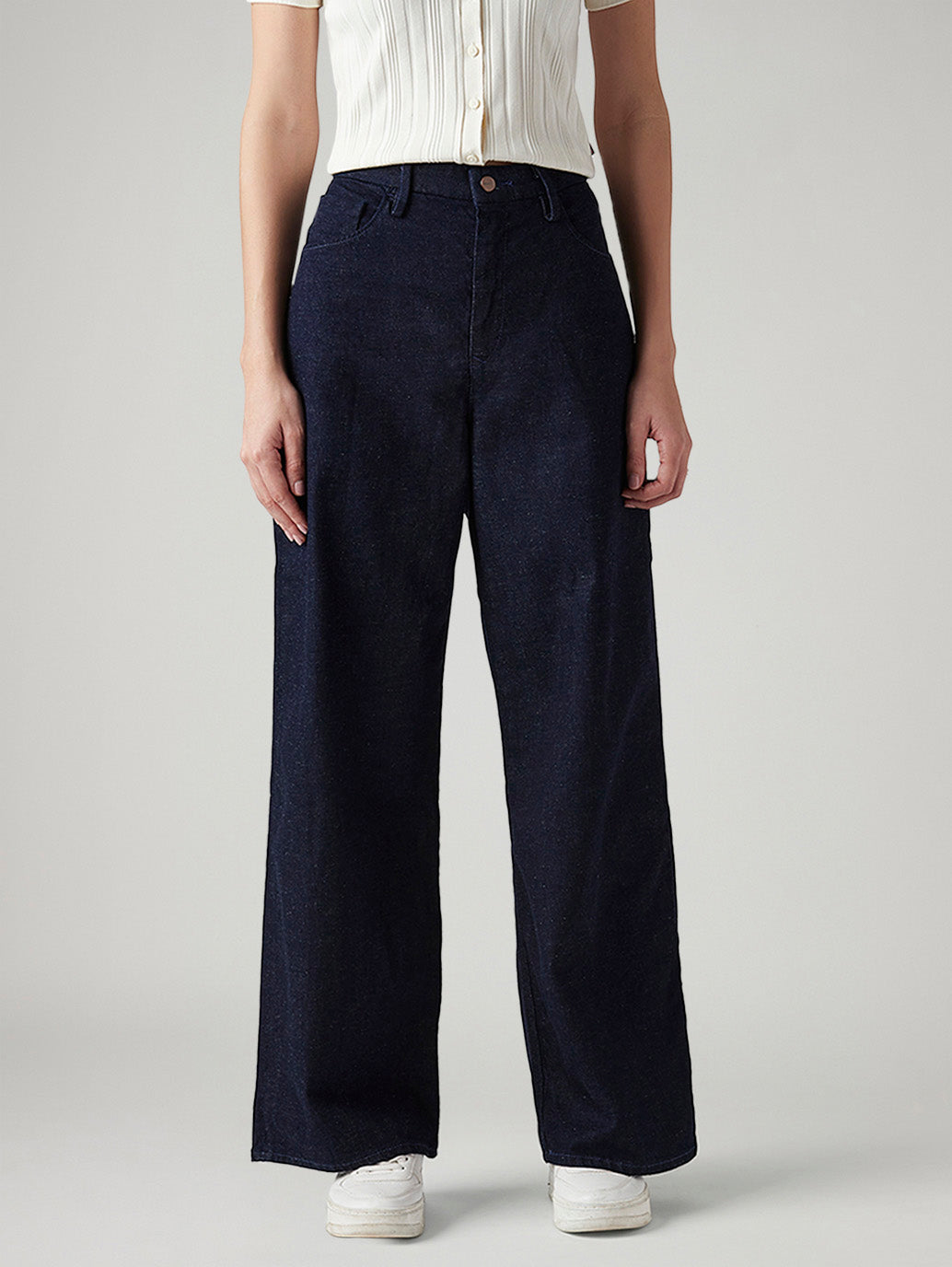 Women's Dark Blue Ribcage Wide Leg Fit High Rise Redloop Jeans - Front View