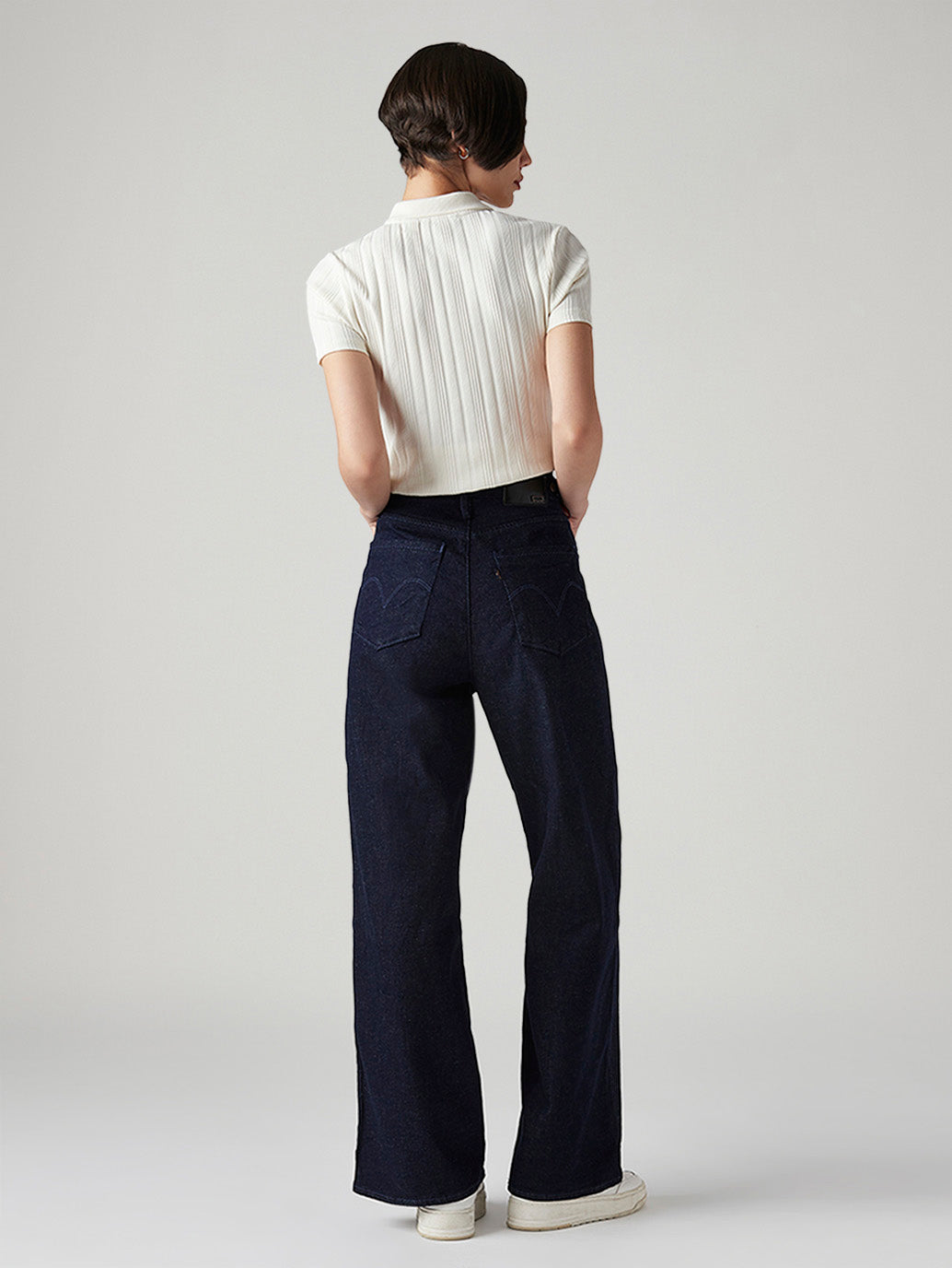 Women's Dark Blue Ribcage Wide Leg Fit High Rise Redloop Jeans - Back View