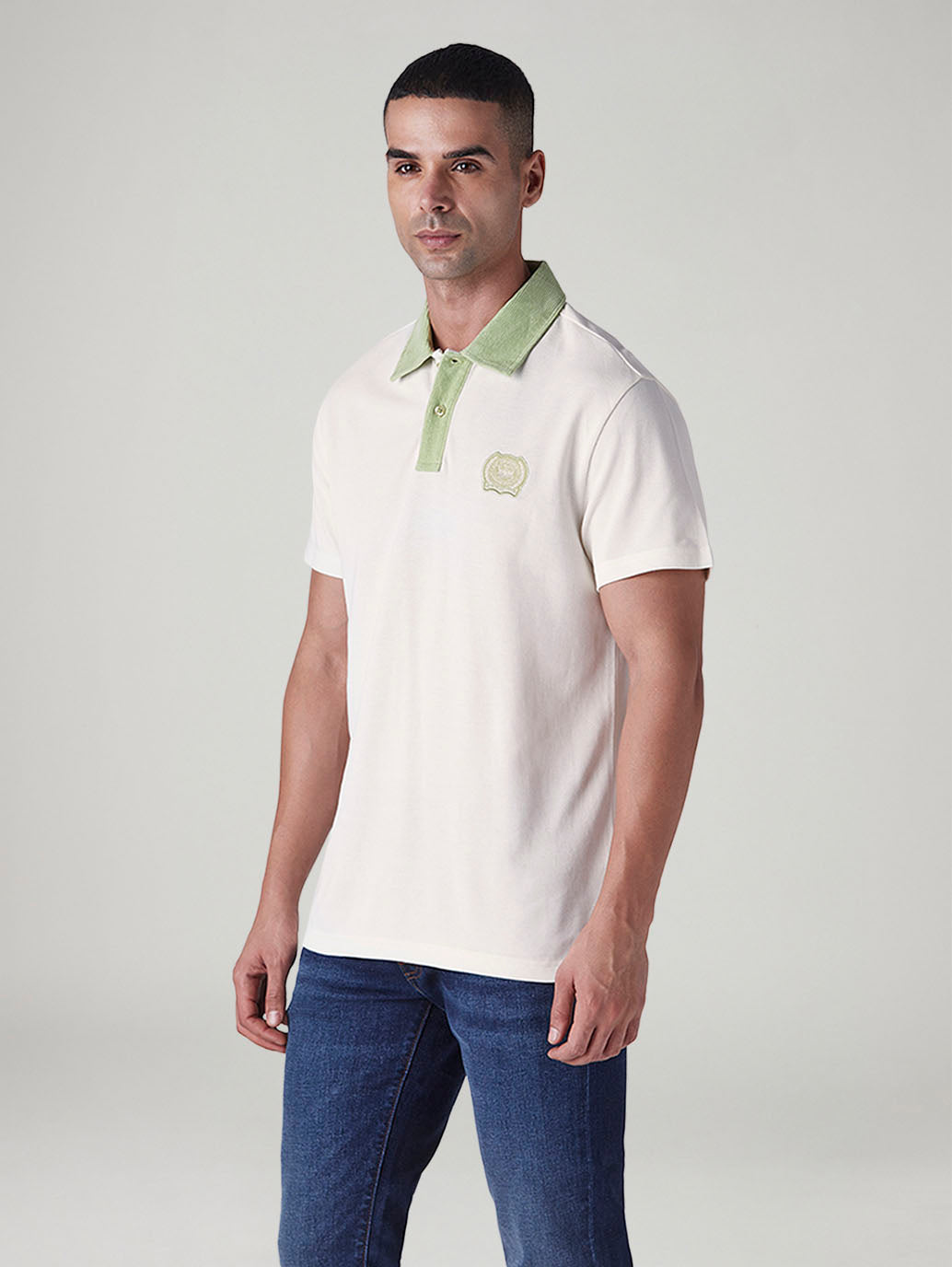 Men's Colorblock Off White Loose Fit Pique Polo T shirt - Side View