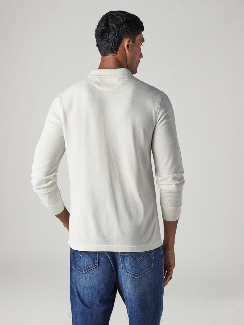 Men's Solid Off White Pique Polo T-Shirt - Back View