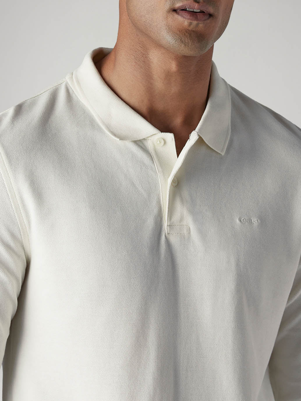 Men's Solid Off White Pique Polo T-Shirt - Detail View