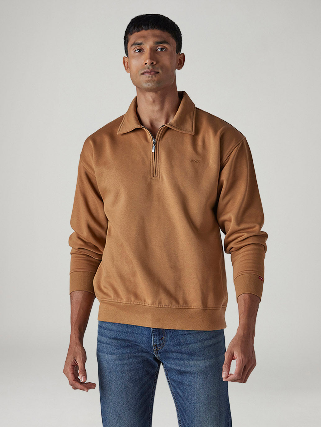 Men's Solid Boxy Fit Zip Collar Sweatshirt