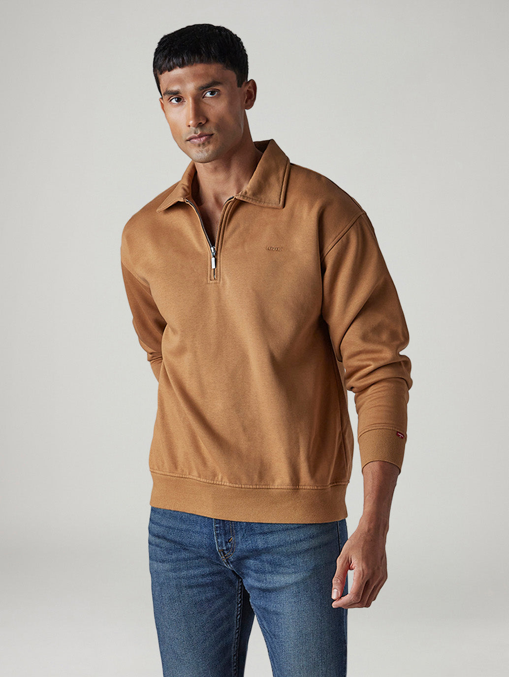 Men's Solid Boxy Fit Zip Collar Sweatshirt - Front View