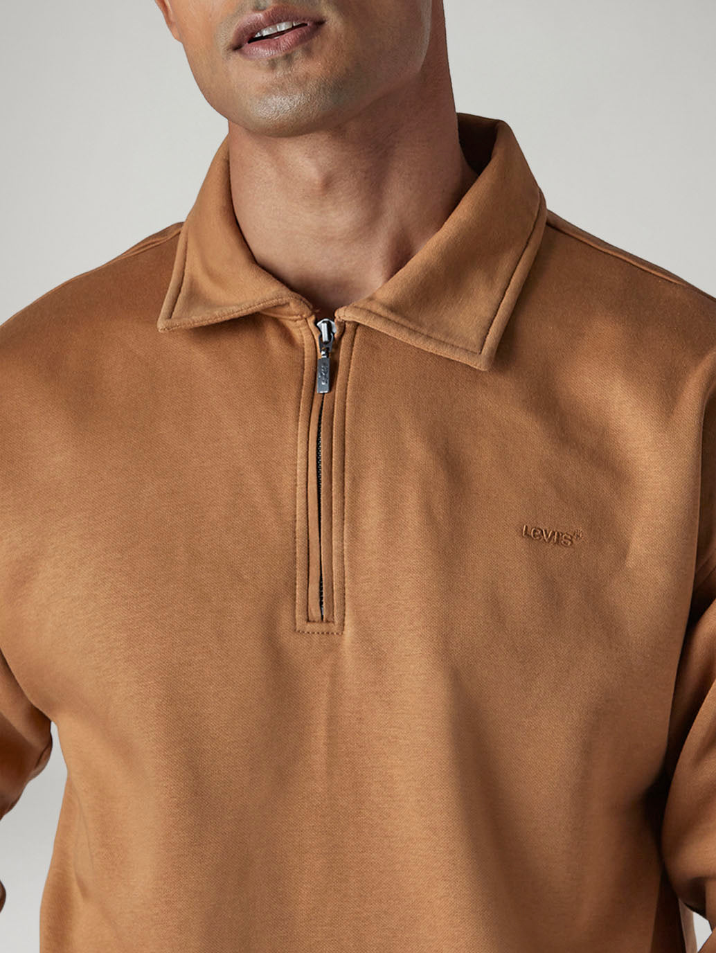 Men's Solid Boxy Fit Zip Collar Sweatshirt - Detail View