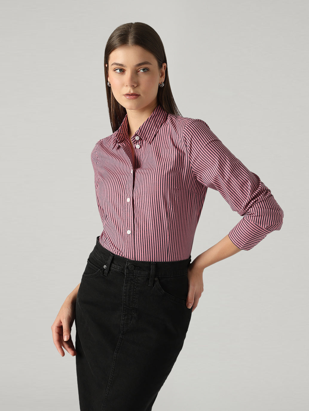 Women's Striped Slim Fit Poplin Shirt - Styleshot View